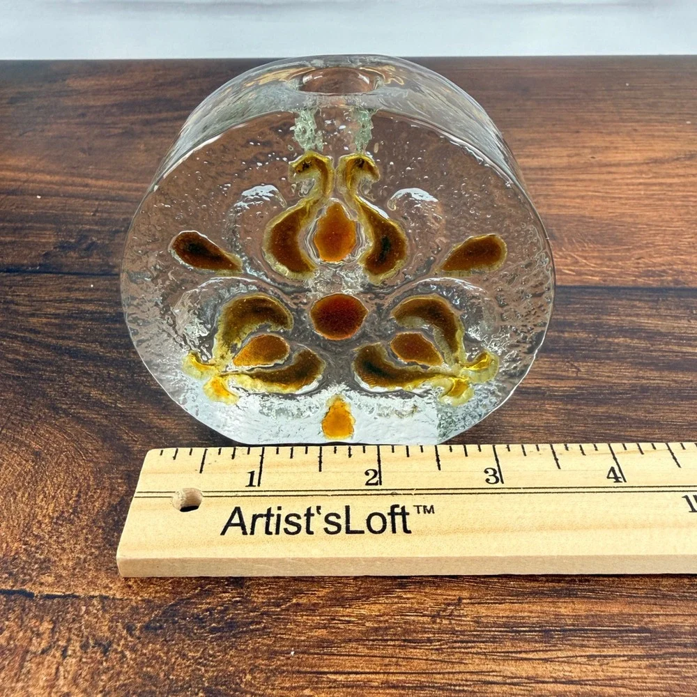 Walther Glas Crystal Bud Vase Amber Floral Relief West Germany